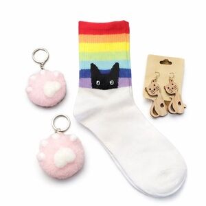 4-Piece Cat Gift Set – Rainbow Socks, Earrings & Paw Keychains – NWT